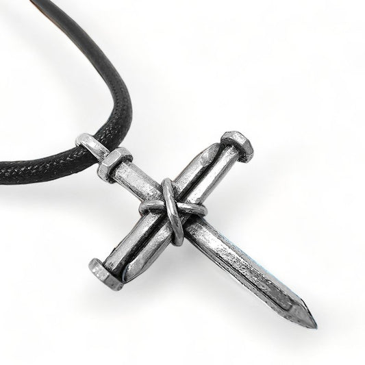 Three Nail Cross, Silver Pendant, Black Cord