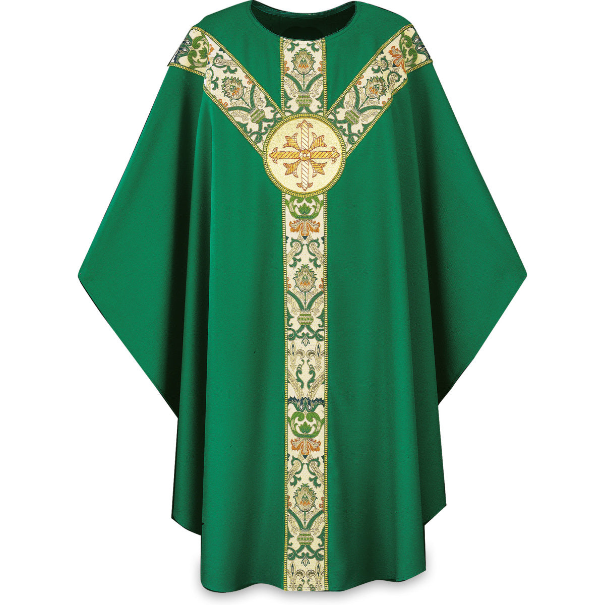 Casulla Gótica Slabbinck en Tela Dupion con Emblema Bordado a Mano, Verde