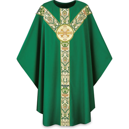 Casulla Gótica Slabbinck en Tela Dupion con Emblema Bordado a Mano, Verde