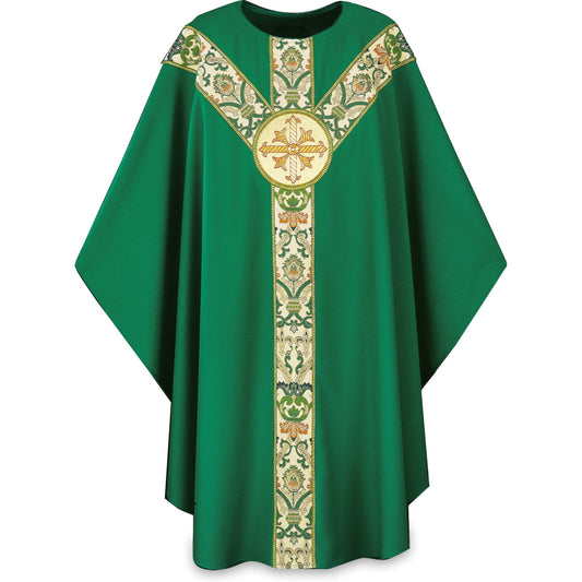 Casulla Gótica Slabbinck en Tela Dupion con Emblema Bordado a Mano, Verde