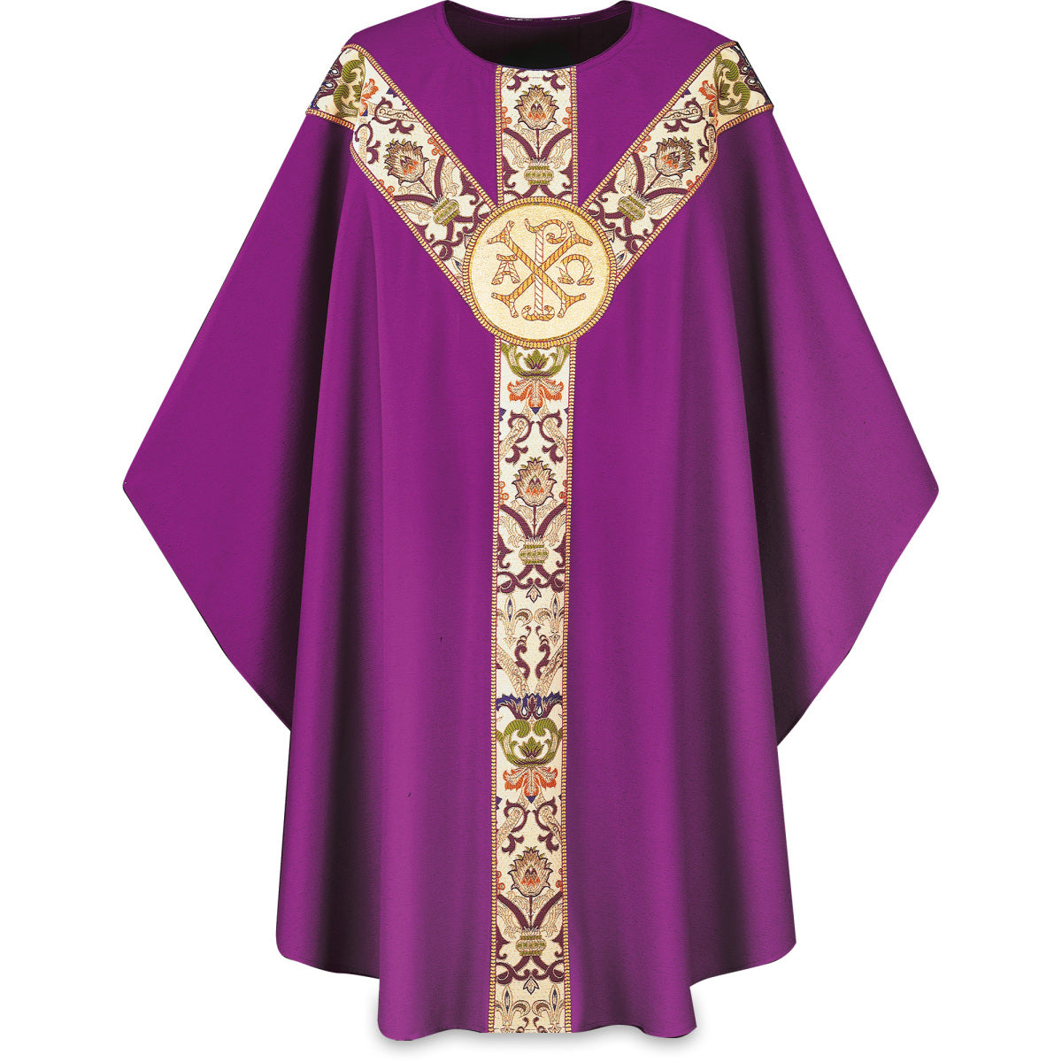 Chasuble gothique Slabbinck en tissu dupion avec emblème brodé à la main, violet