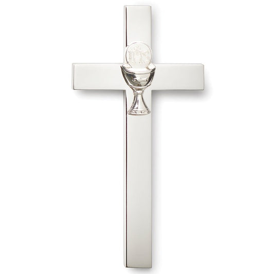 Croix murale de première communion en argent avec calice 4,75"