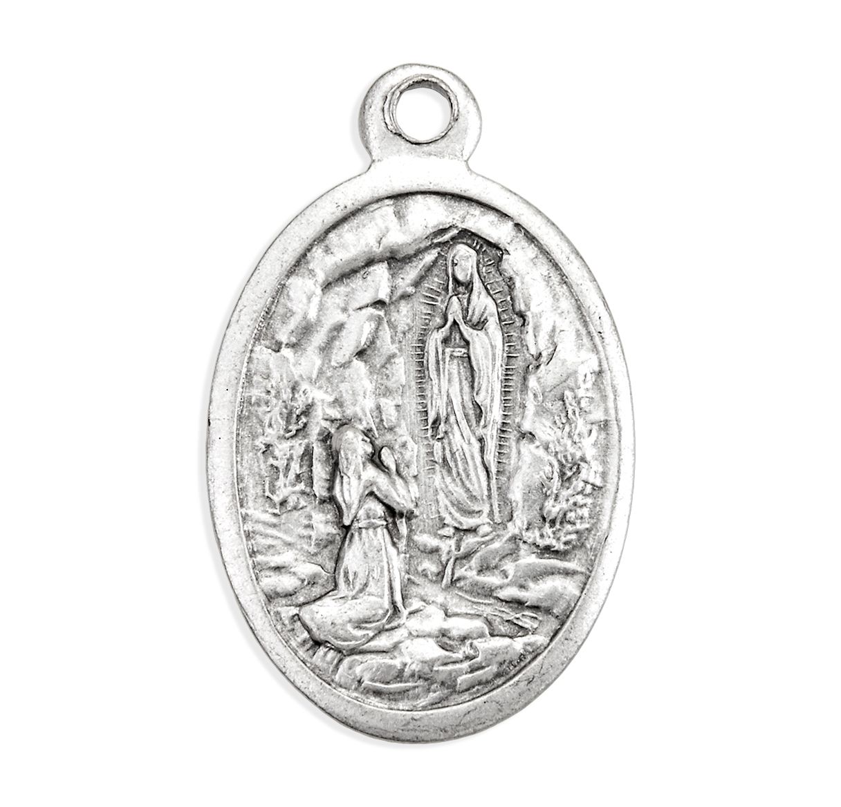 Silver pendant with religious design on a white background