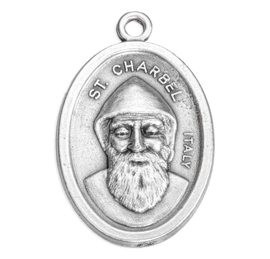 Médaille ovale vieillie en argent oxydé de Saint Charbel