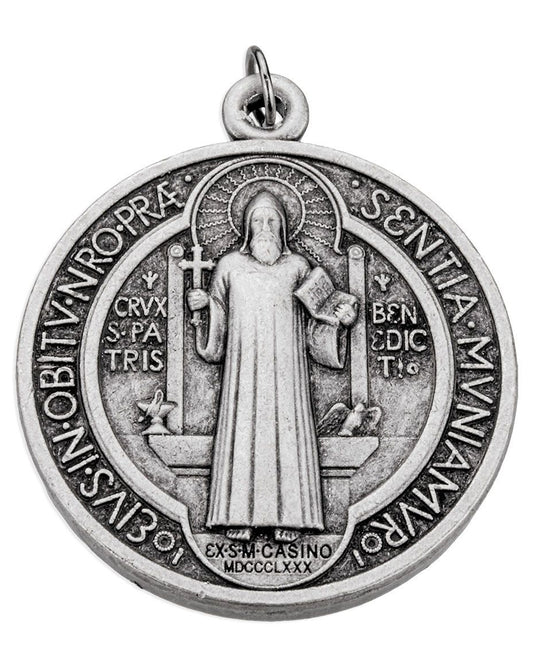 Silver medal with religious figure and inscriptions on a white background