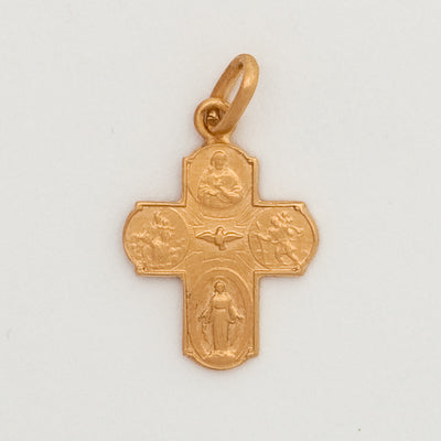 Gold cross pendant with religious figures on a white background