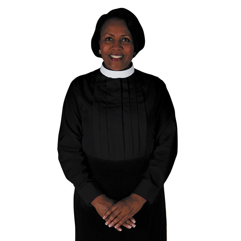 Person wearing a black robe with a white collar on a white background