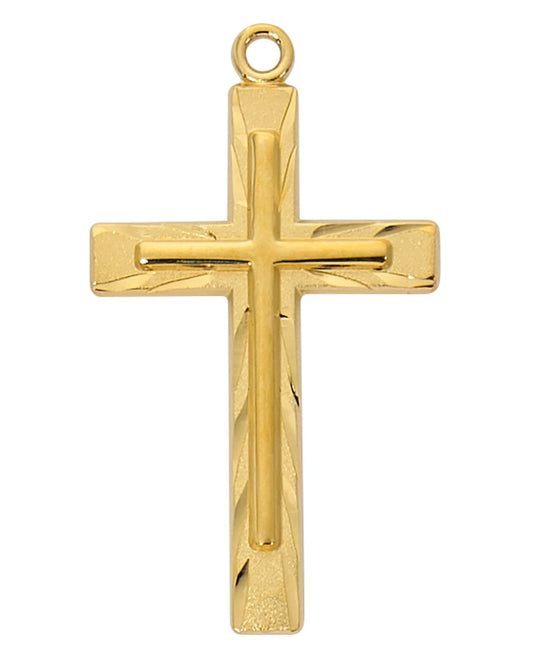 Gold cross pendant on a white background