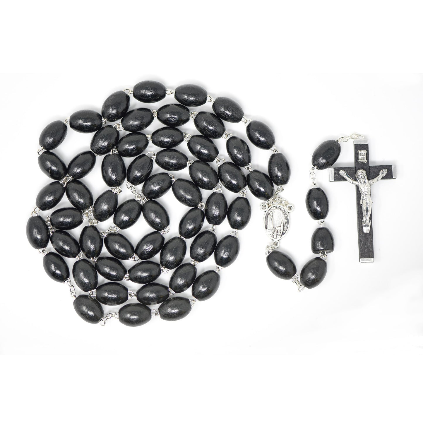 Black rosary beads with a crucifix on a white background
