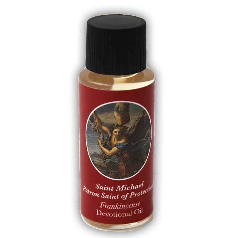Bottle of Saint Michael devotional oil with a red label and black cap on a white background