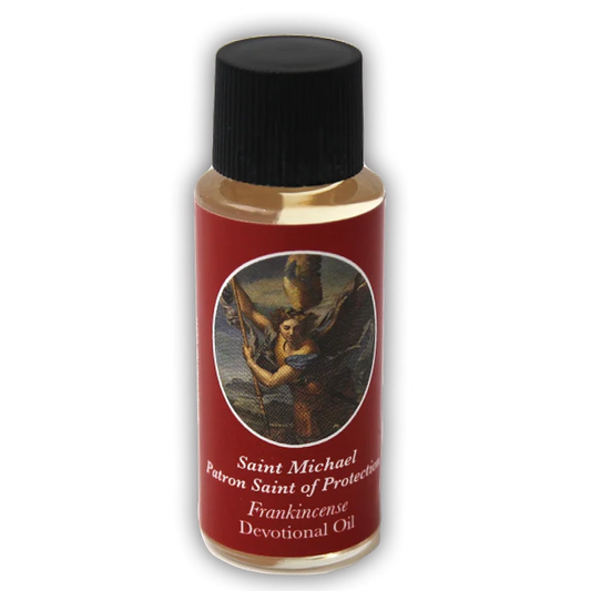 Bottle of Saint Michael devotional oil with a red label and black cap on a white background