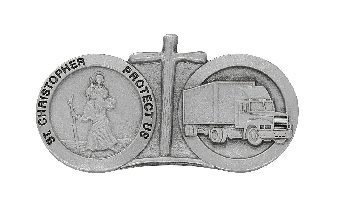 Silver St. Christopher medallion with a truck design on a white background