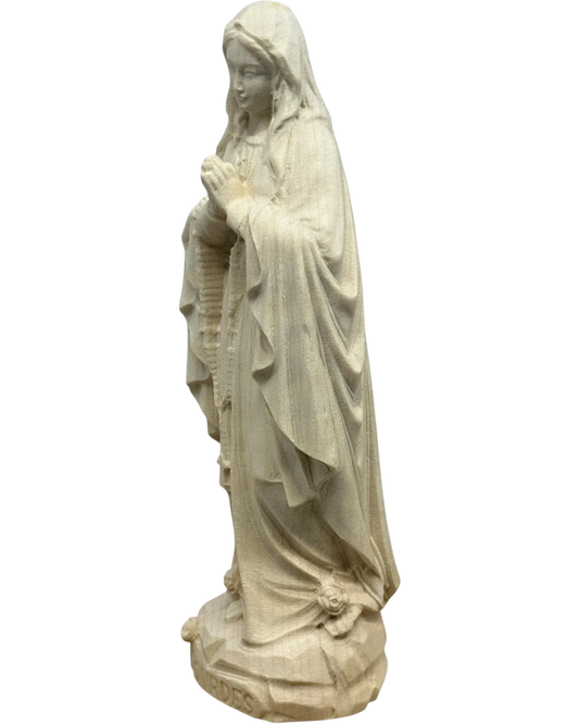 Hand-carved Lourdes Madonna Statue in Maple and Linden Wood, Natural