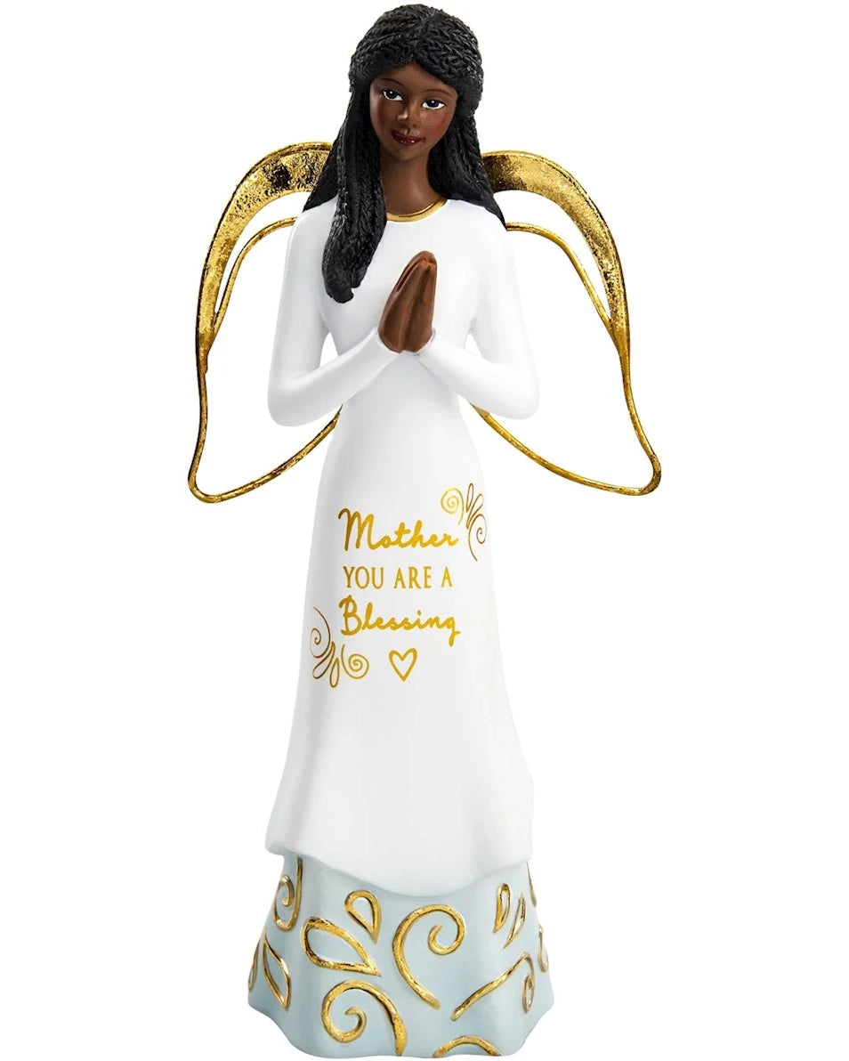 Angel figurine with gold wings and 'Mother You Are a Blessing' text on a white background