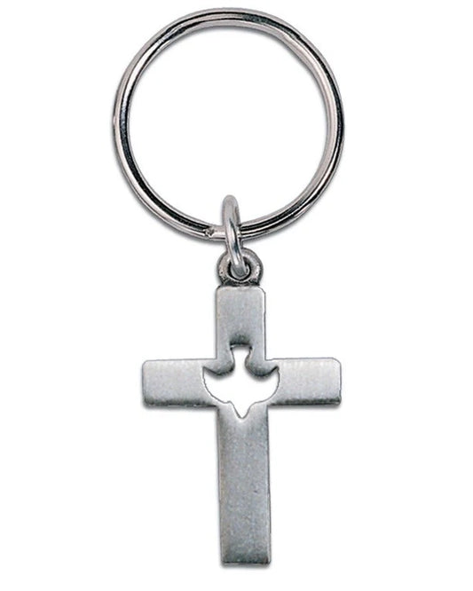 Pewter Cross with Dove Key Ring 2.5"