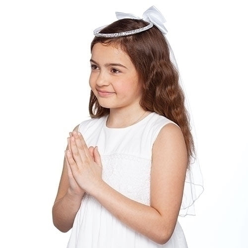 Rhinestone First Communion Veil with Satin Bow