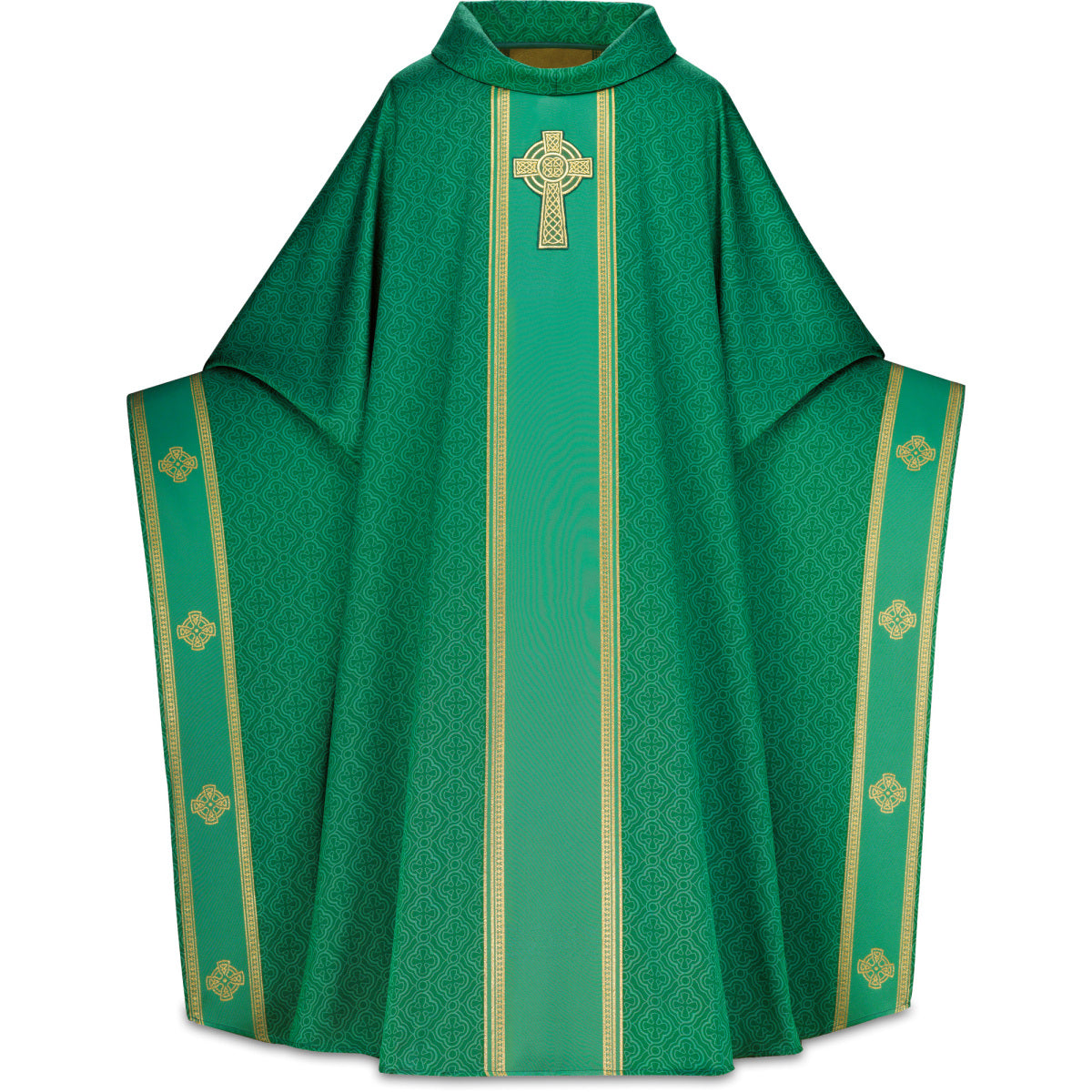 Chasuble monastique Slabbinck en tissu celtique avec croix brodée à la main et col roulé