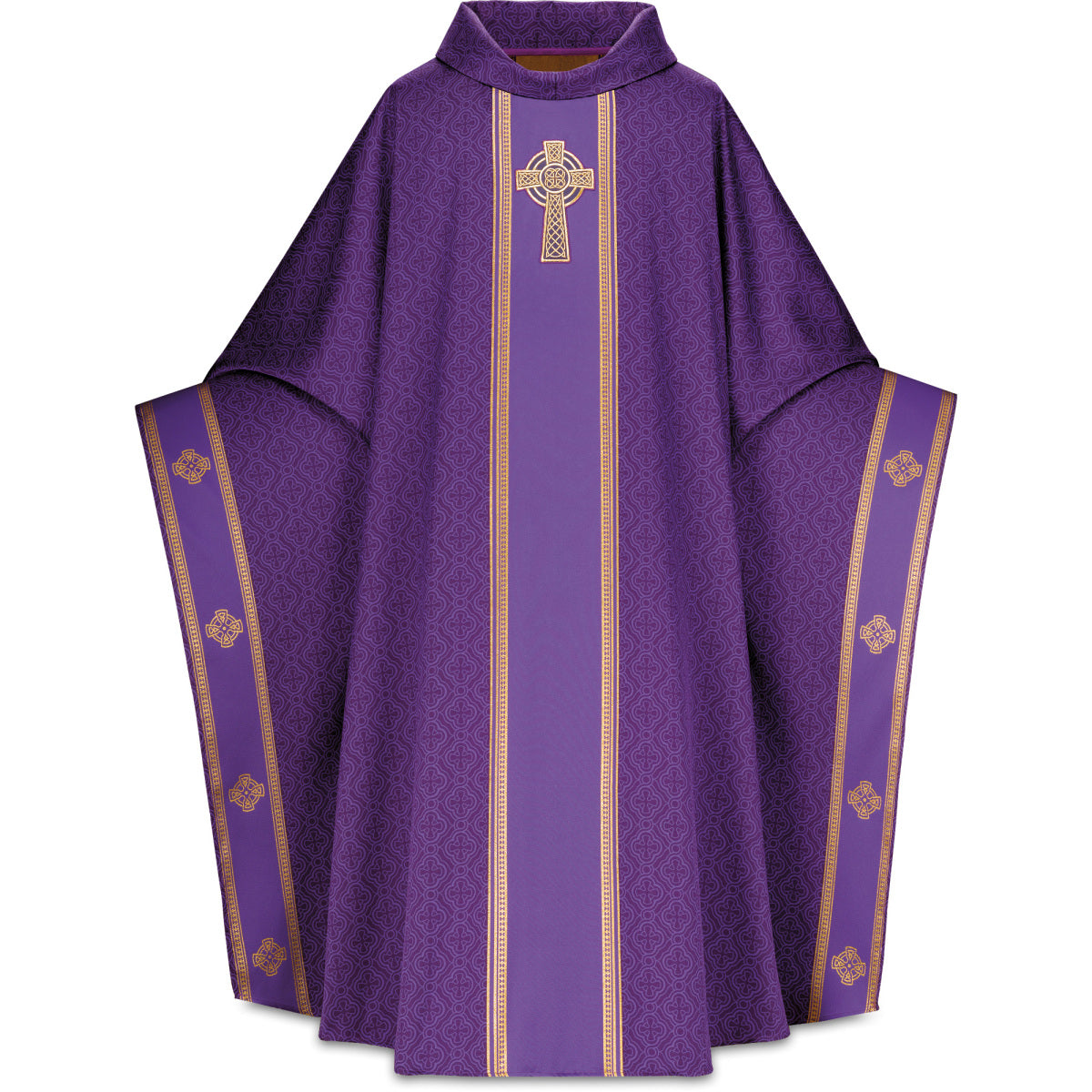Chasuble monastique Slabbinck en tissu celtique avec croix brodée à la main et col roulé