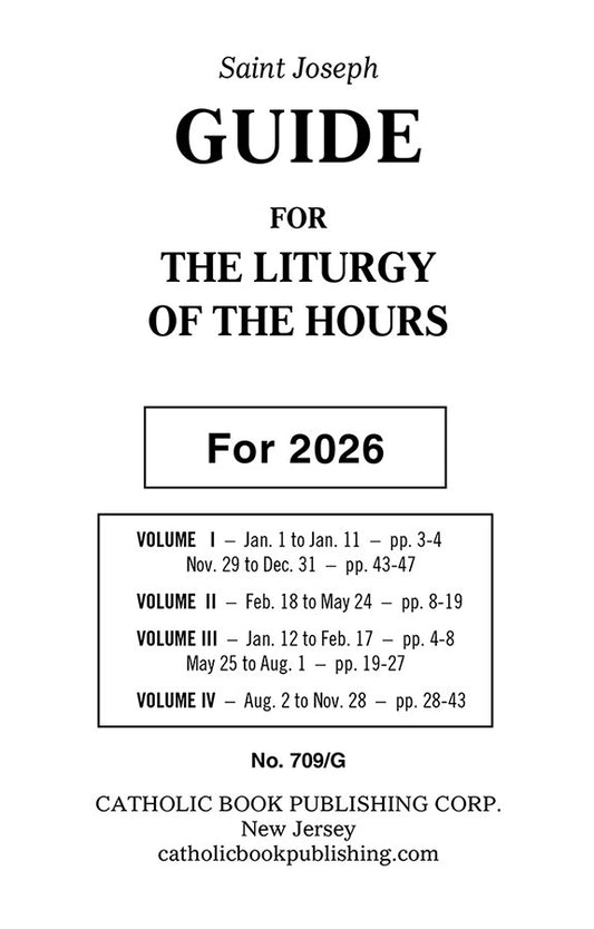 Cover of 'Saint Joseph Guide for the Liturgy of the Hours' for 2026 with text and volume information.