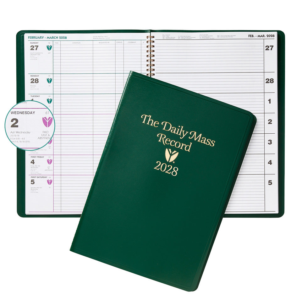 A dark green 2028 Daily Mass Record planner shown open with its interior calendar pages behind it, with a matching green cover placed in front. The cover features gold foil text reading 'The Daily Mass Record 2028' and a small floral emblem.