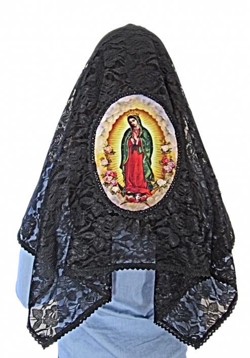 Black lace headscarf with a religious icon of Our Lady of Guadalupe on a white background