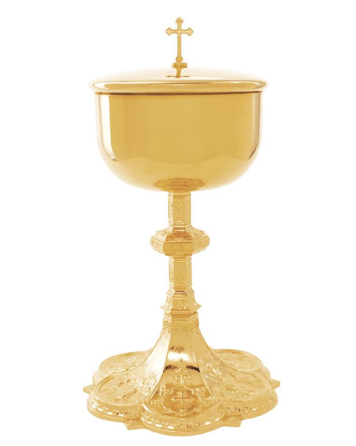 A polished gold-toned metal chalice with a lid and a small cross on top, shown centered against a plain white background.