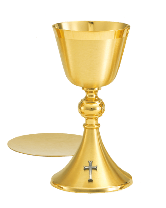 Gold chalice with a cross on a white background