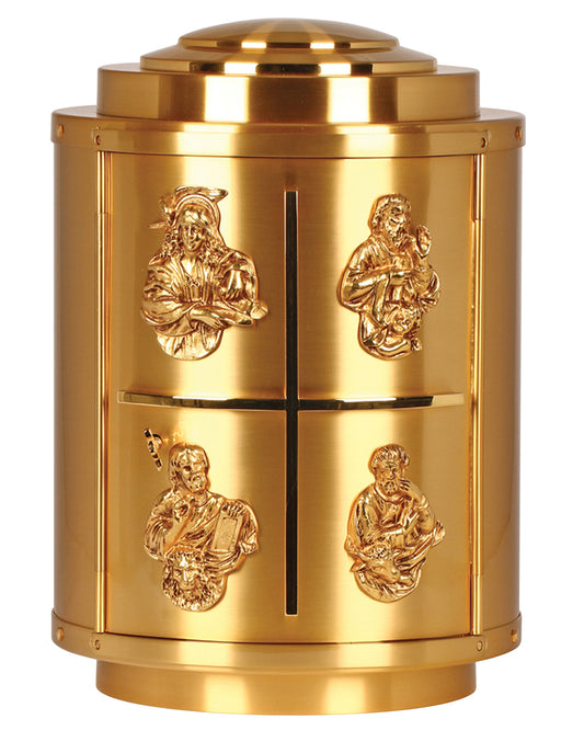 Gold cylindrical container with four embossed figures on a white background