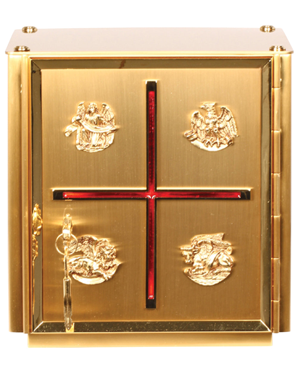 Decorative gold box with a red cross and embossed designs on a white background
