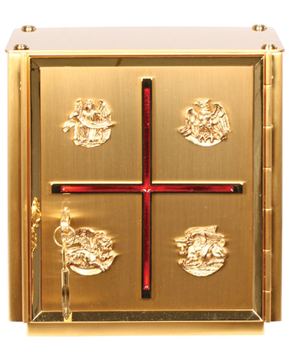 Decorative gold box with a red cross and embossed designs on a white background