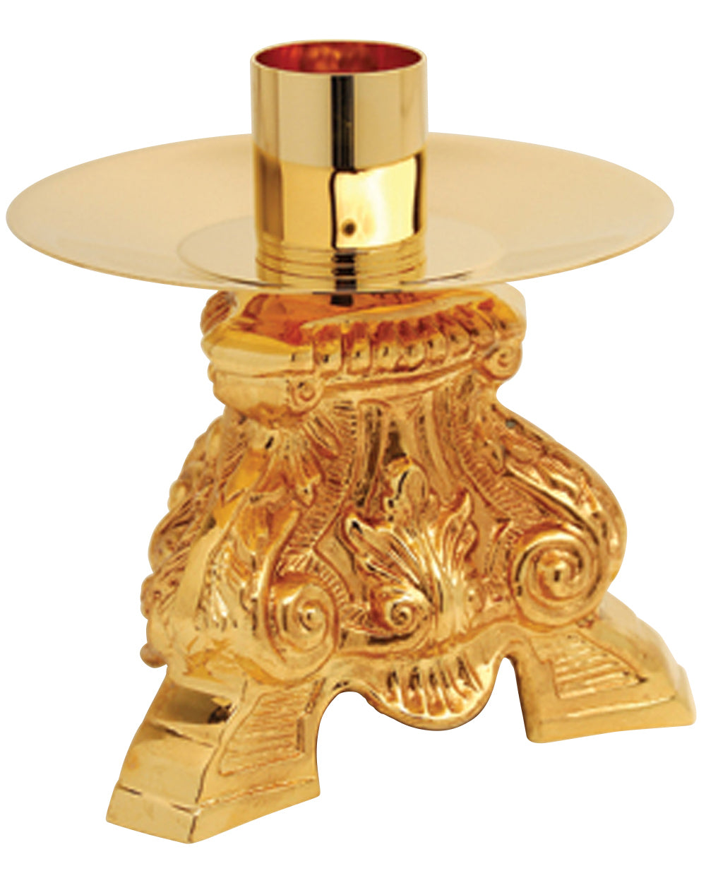 Gold candle holder with intricate designs on a white background