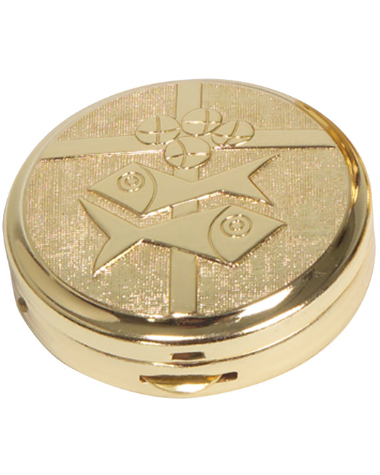 Gold compact mirror with religious symbols on a white background