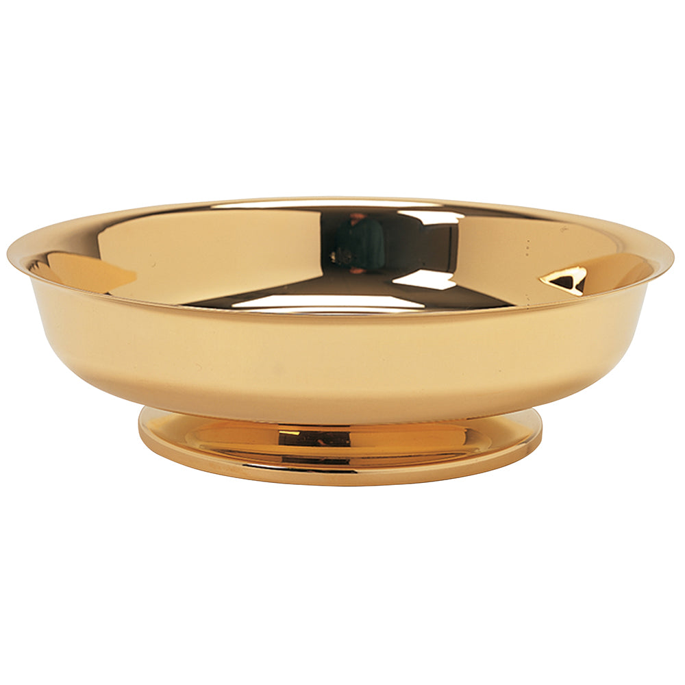 A polished gold-plated metal pedestal bowl with a wide rim and a circular base, shown on a plain white background.
