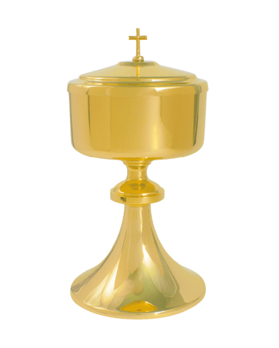 A polished gold-toned metal chalice with a matching domed lid topped by a small cross, shown on a plain white background.