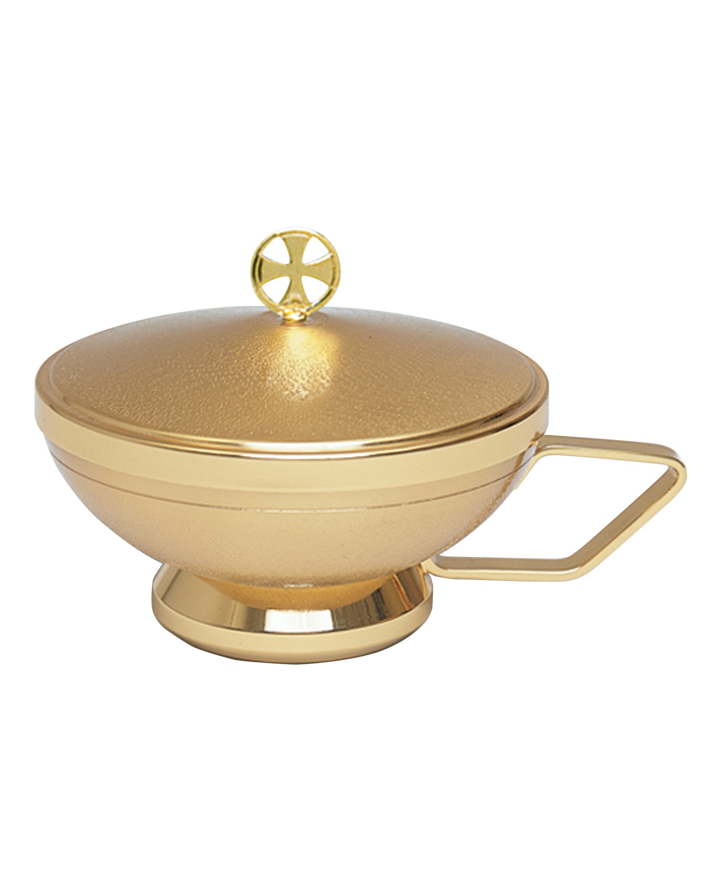 A gold-colored metal chalice bowl with a matching lid, featuring a raised cross knob on top and a side handle, shown against a plain white background.