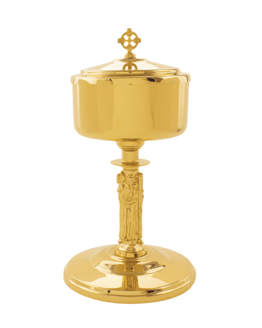 A polished gold-toned metal chalice with a lid and a sculpted stem featuring religious figures, isolated on a white background.