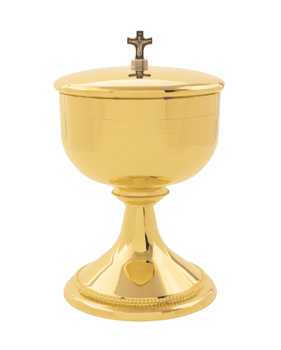 A polished gold communion chalice with a matching lid and a small metallic cross on top, isolated on a white background.