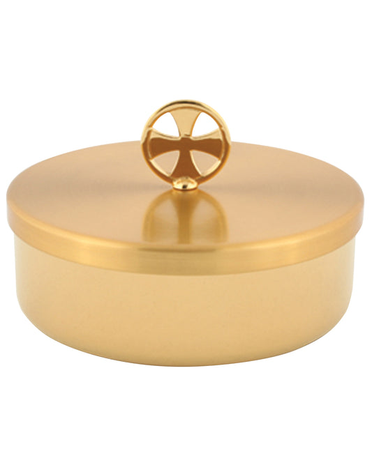 Gold host box with a decorative lid on a white background