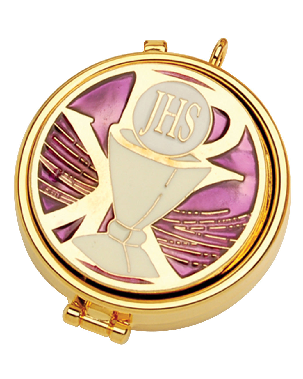 Gold compact mirror with religious design featuring a chalice and 'JHS' initials on a white background