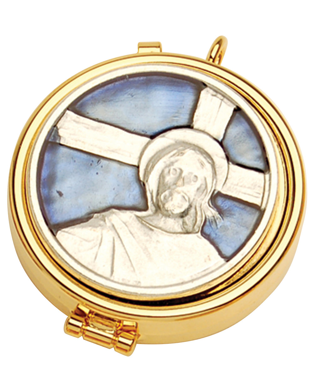Round gold compact with a religious figure design on a white background
