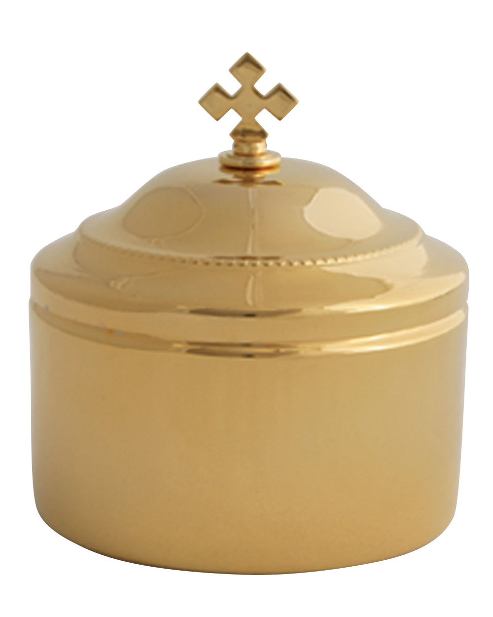 A shiny gold metal lidded container or casket with a decorative cross finial on top, shown against a plain white background.