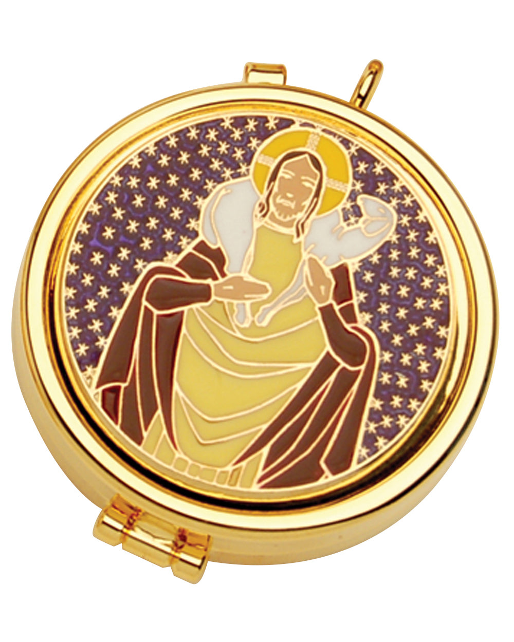Gold pyx with religious design on a white background