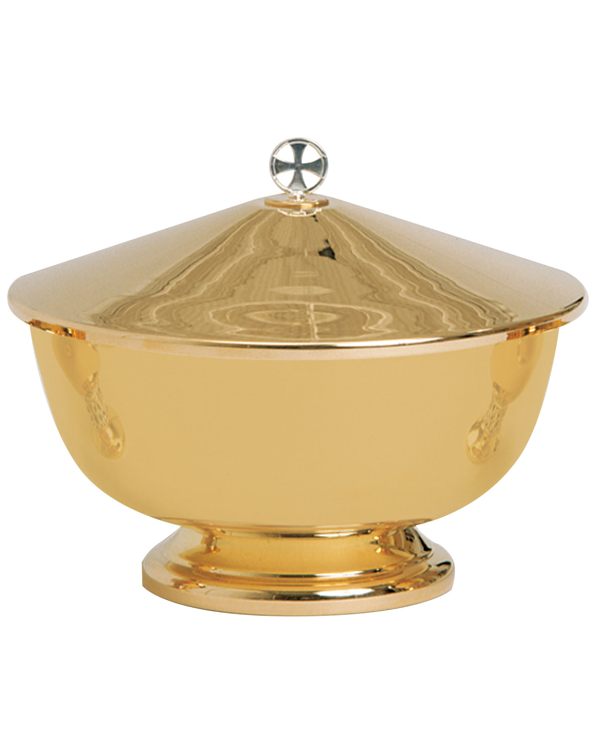 A shiny gold-colored metal lidded bowl or chalice with a small silver-toned cross knob on top, shown against a plain white background.