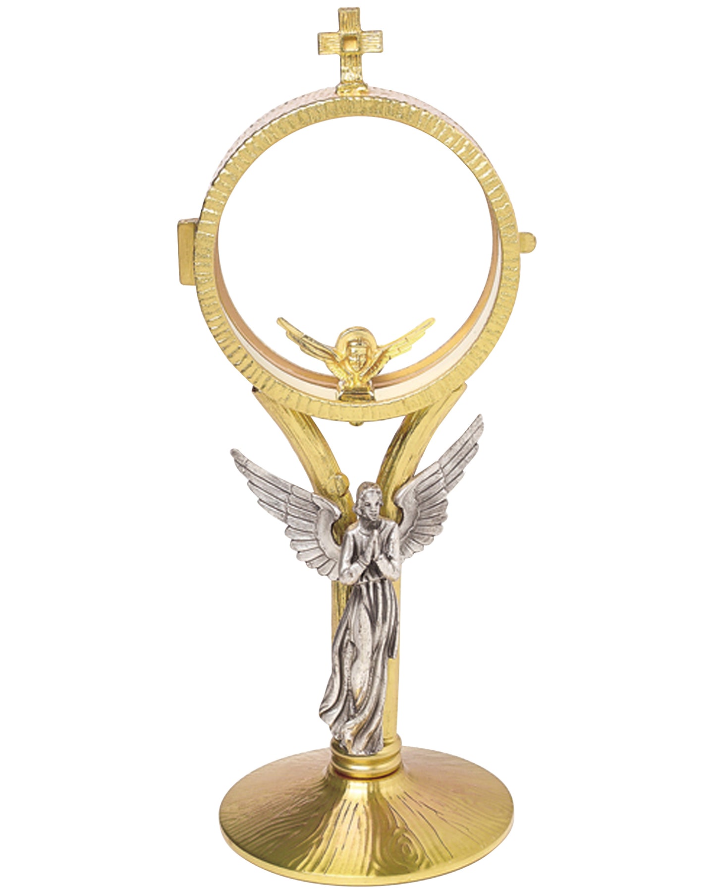 Decorative monstrance with angel figure and circular design on a white background