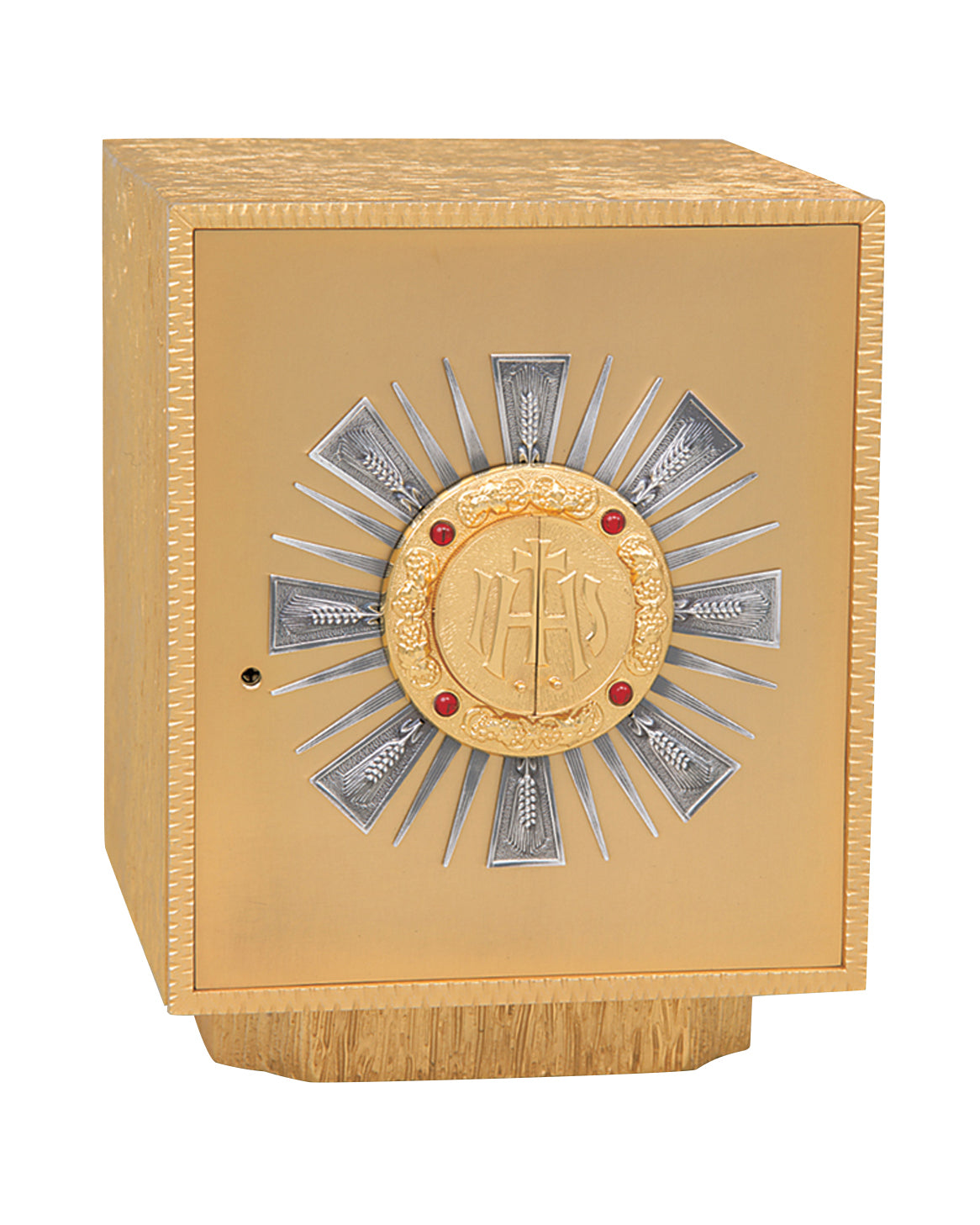 Decorative wooden box with gold and silver emblem on a white background