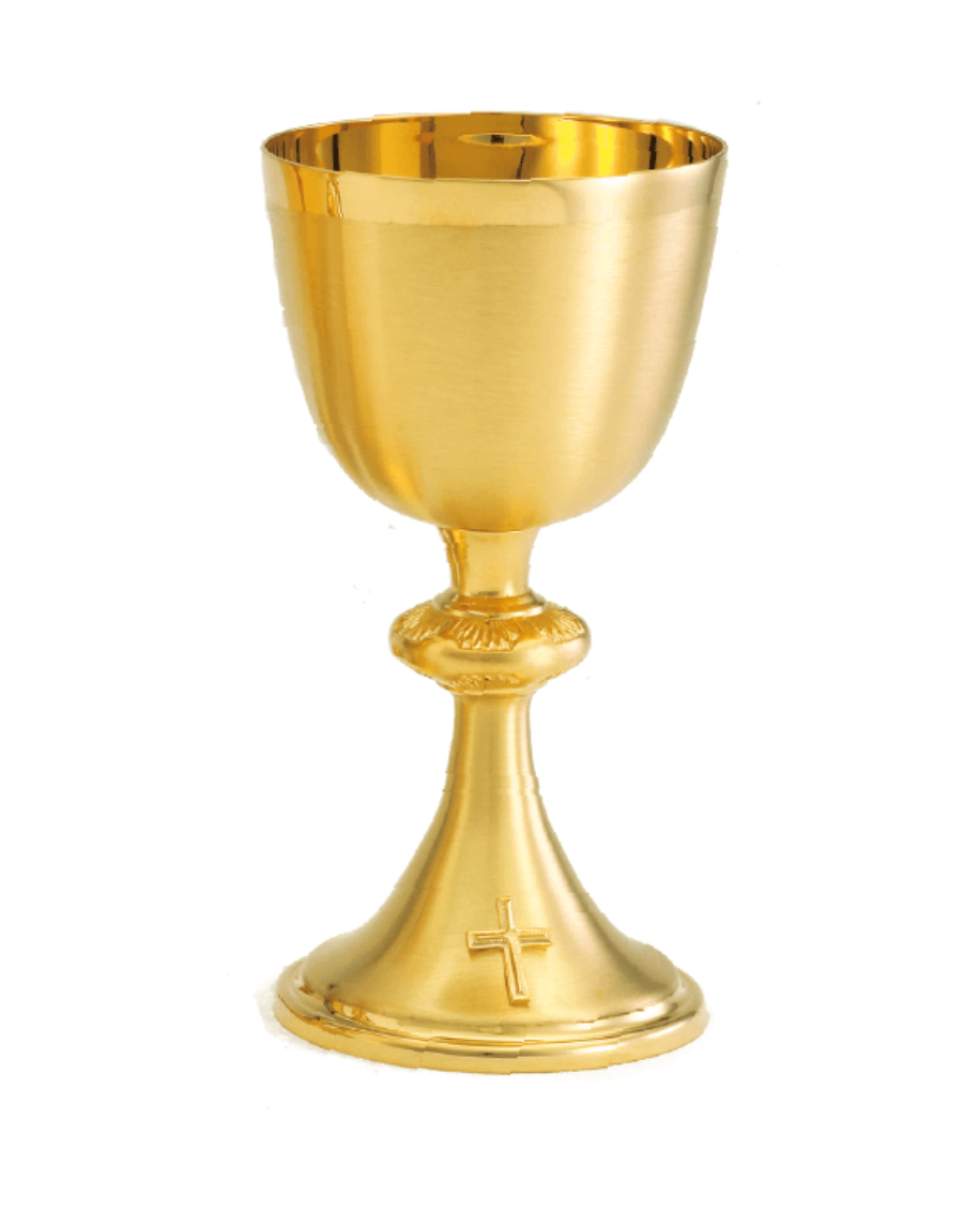 A polished gold communion chalice with a small engraved cross on the base, isolated on a white background.