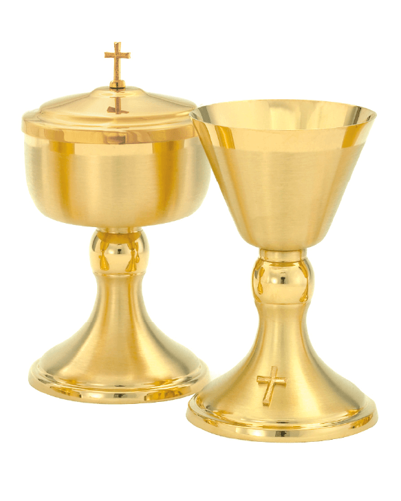 A gold-toned liturgical set featuring a chalice and a matching covered communion bowl with small cross details, photographed on a plain white background.