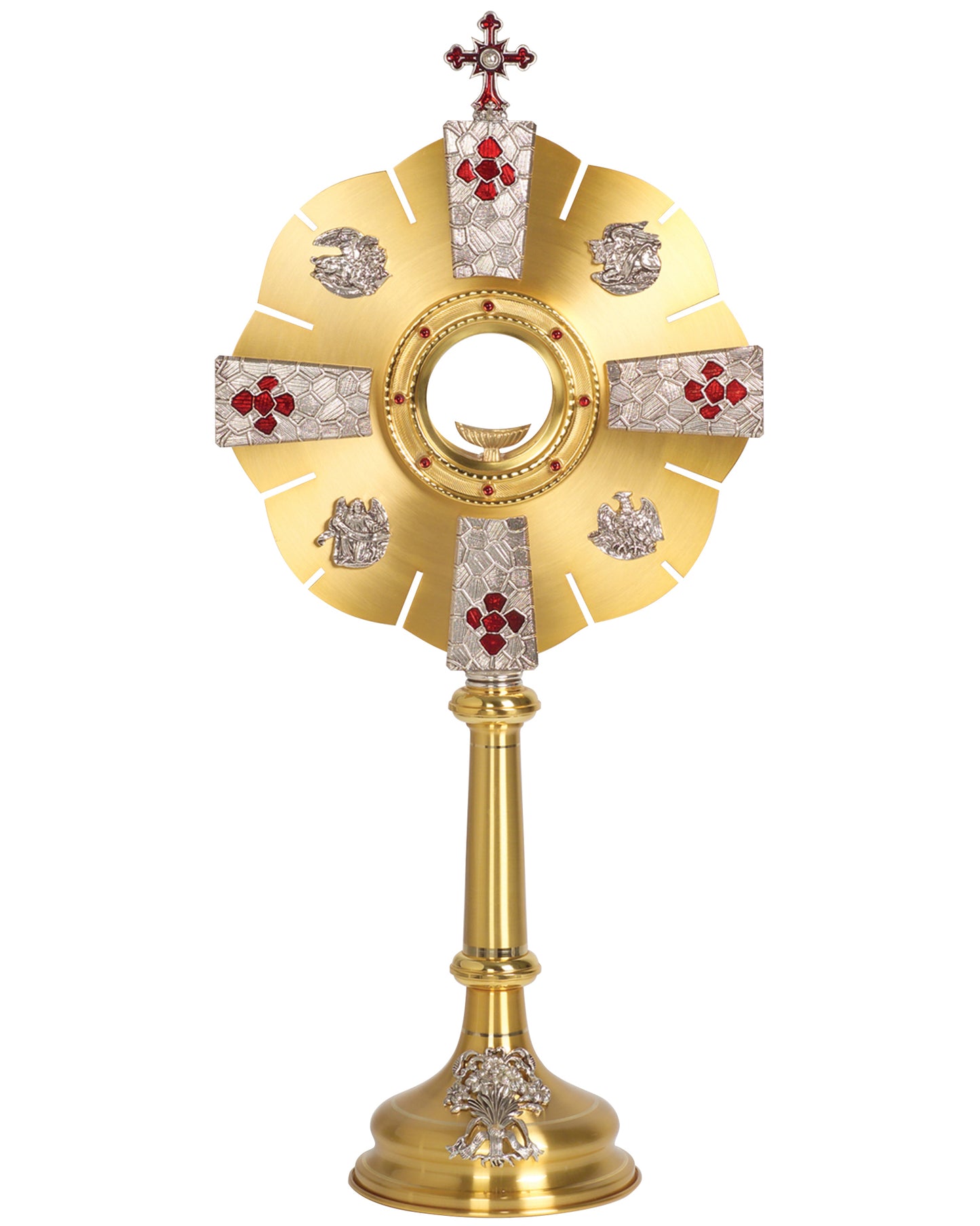 Decorative gold monstrance with red and silver accents on a white background