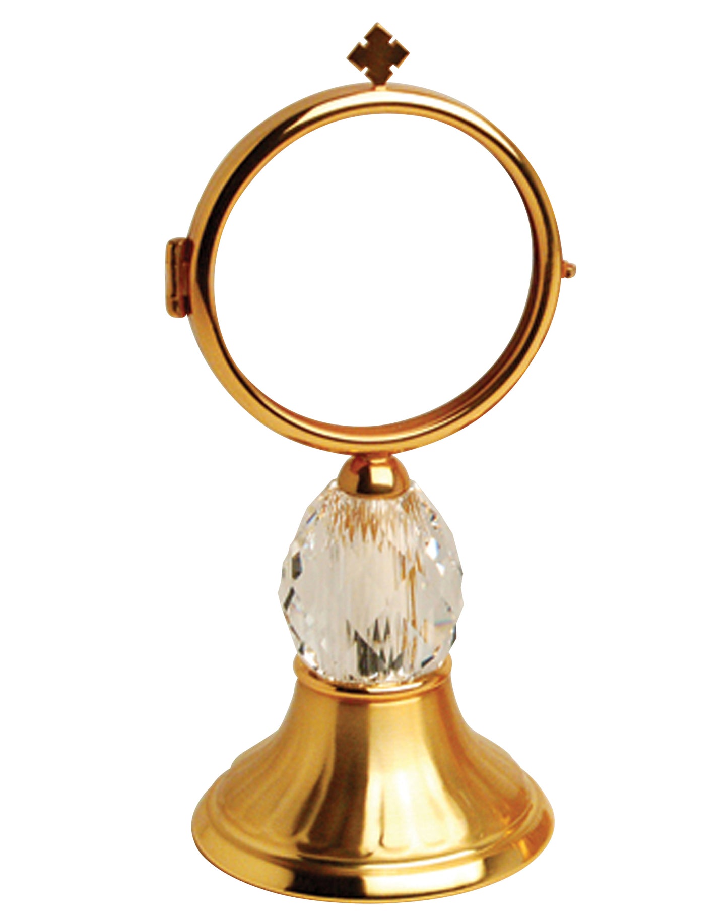 Gold bell-shaped object with a crystal on a white background