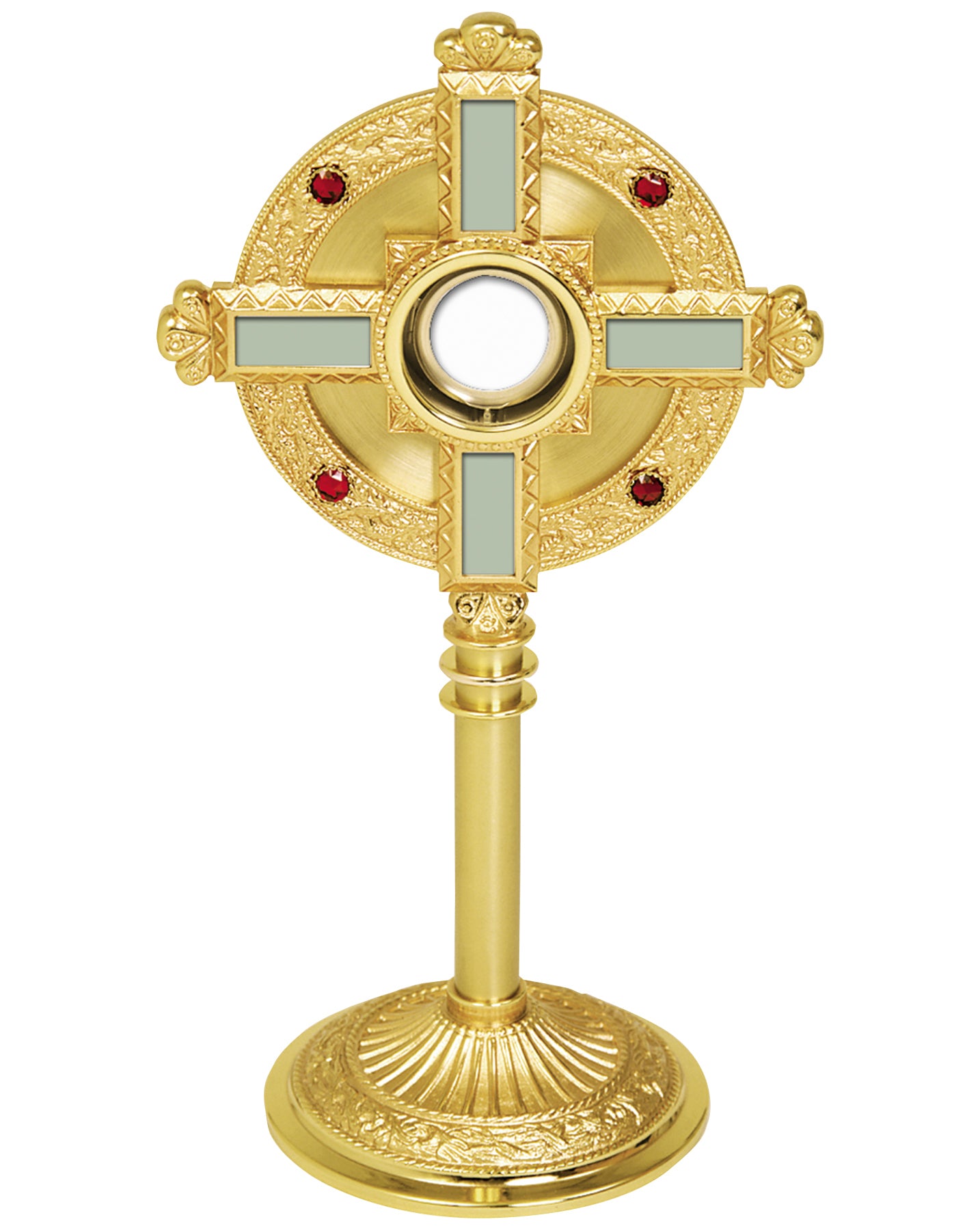 Decorative gold cross with red gemstones on a white background